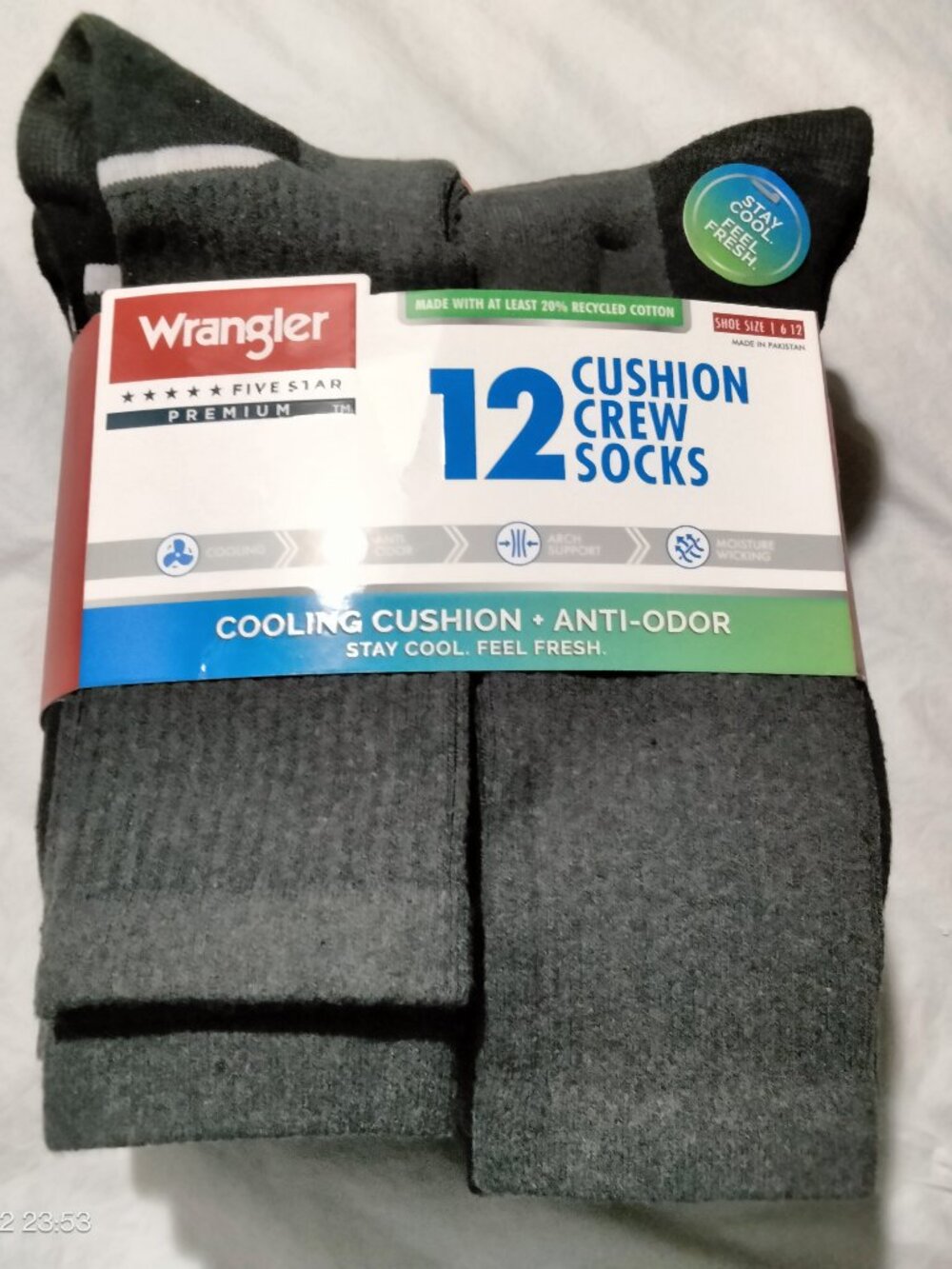 Wrangler Men 12 Pack Cooling Cushion Crew Socks Size 6-12 Anti-Odor Charcoal Gre